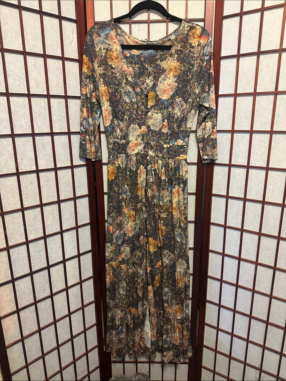 Peruvian Connection Floral Maxi Dress in Olive, Mustard & Cream Accents